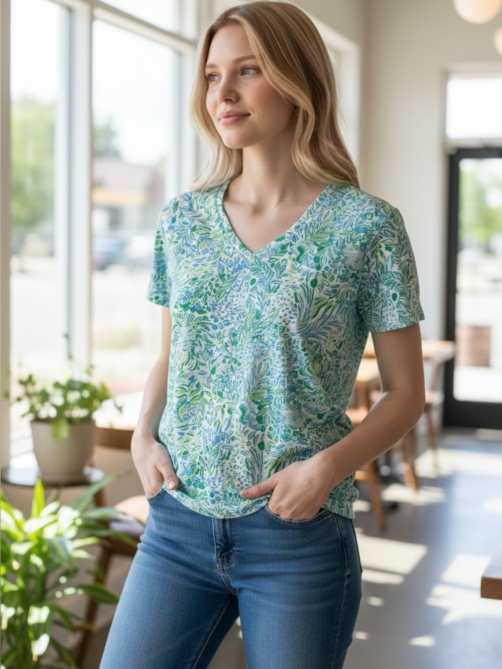 Lilly Pulitzer Blue-Green V-Neck Floral Print Women's Top